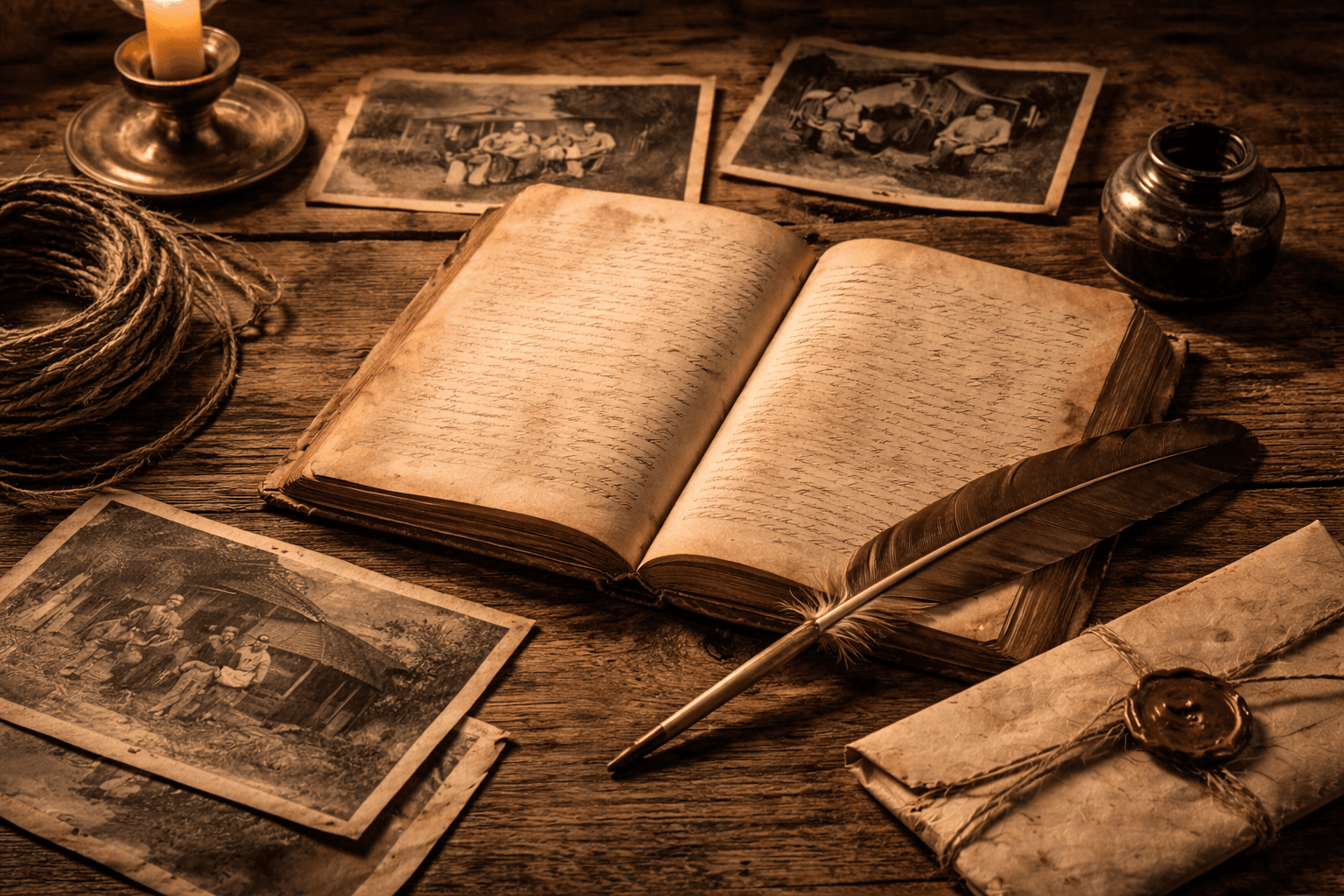 Diário antigo, fotografias em sépia e carta lacrada sobre mesa de madeira, símbolo de registros genealógicos de família
