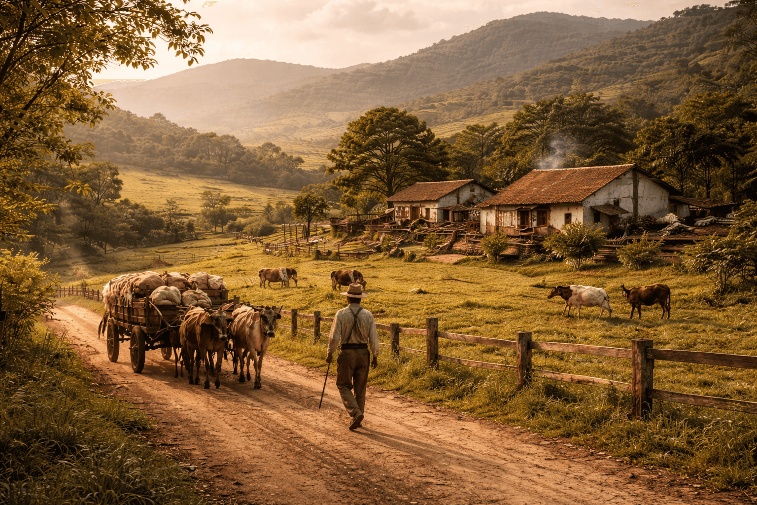 Homem caminhando por estrada rural com carroça de bois entre fazendas e montanhas na fronteira do interior brasileiro