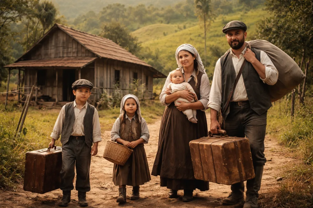 Família de imigrantes com malas de viagem chegando a uma casa de fazenda rústica no Brasil