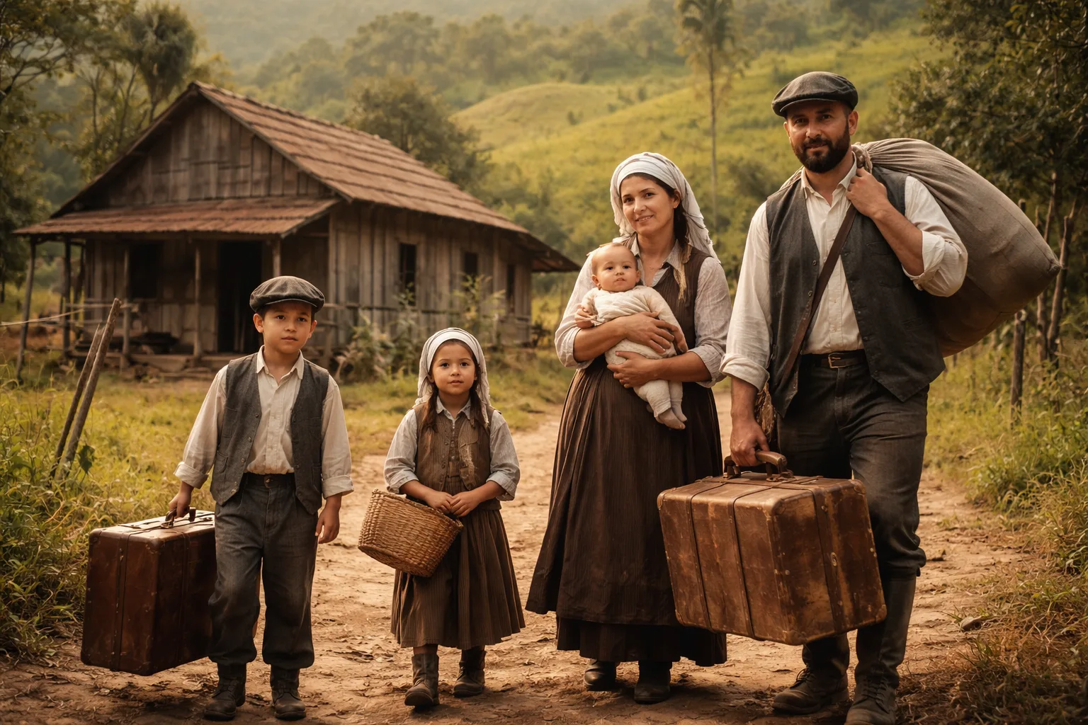 Família de imigrantes com malas de viagem chegando a uma casa de fazenda rústica no Brasil