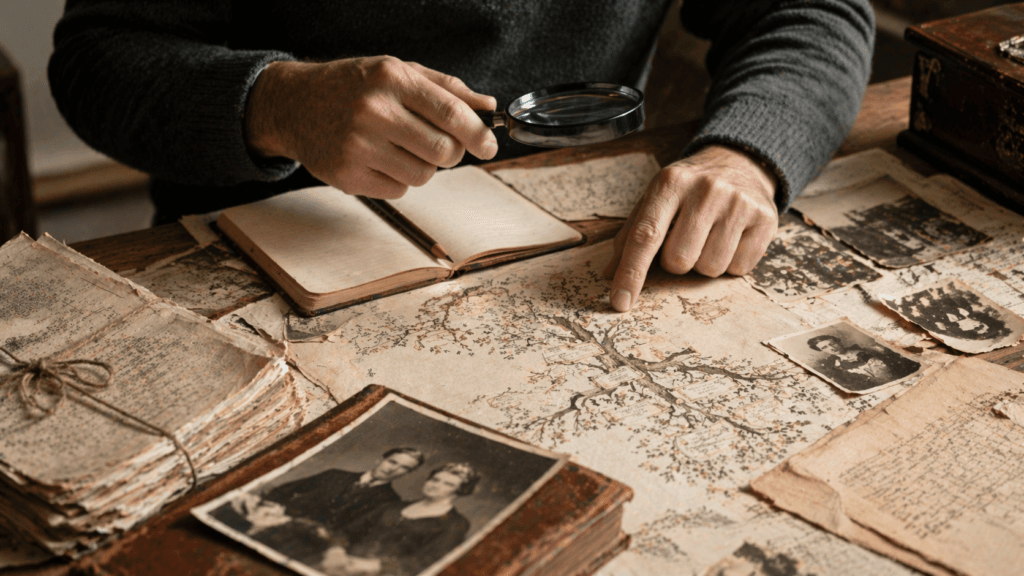 Pessoa pesquisando arvore genealogica com fotos antigas e lupa