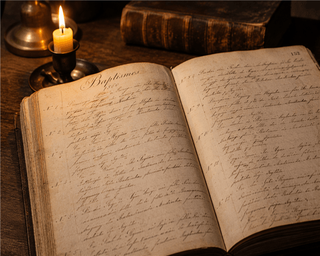 Livro de registro de batismo colonial do Brasil com caligrafia antiga, documentos que guardam a história do sobrenome Costa