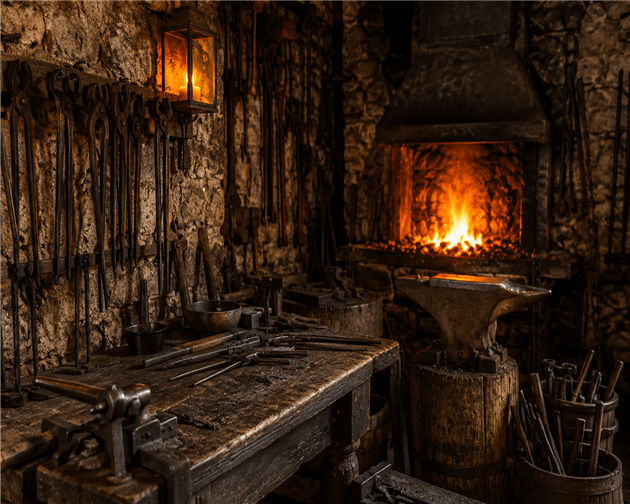 Interior de oficina de ferreiro medieval com ferramentas e fornalha acesa, origem profissional do sobrenome Ferreira