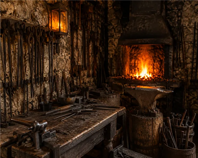 Interior de oficina de ferreiro medieval com ferramentas e fornalha acesa, origem profissional do sobrenome Ferreira