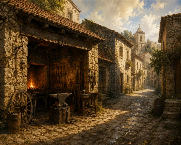 Aldeia medieval portuguesa com ferraria na rua de pedra, história do sobrenome Ferreira em Portugal