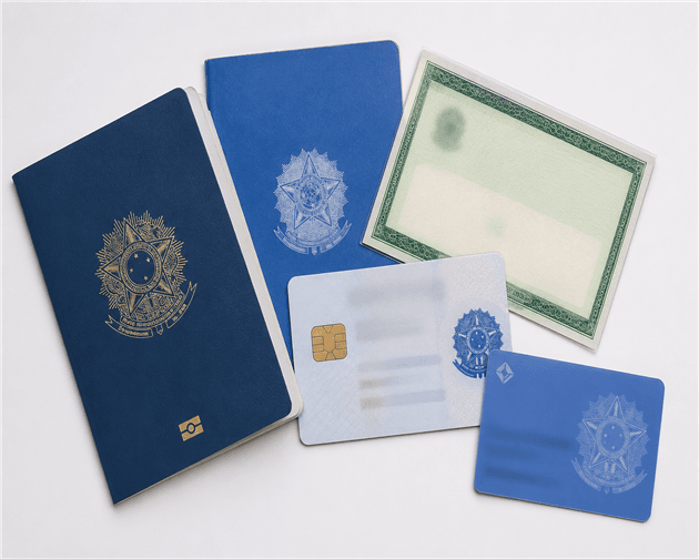 Documentos brasileiros RG CPF e passaporte sobre superficie branca, o que atualizar após mudar o sobrenome