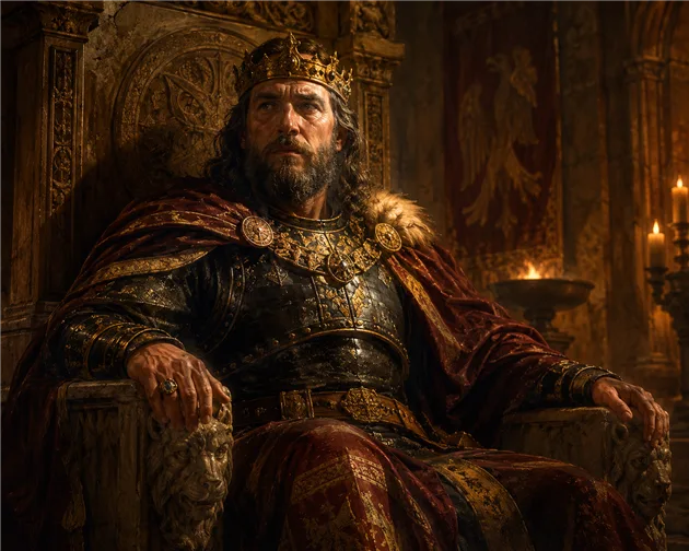 Representação histórica do rei visigodo Rodrigo e a batalha do Guadalete, origem germânica do sobrenome Rodrigues