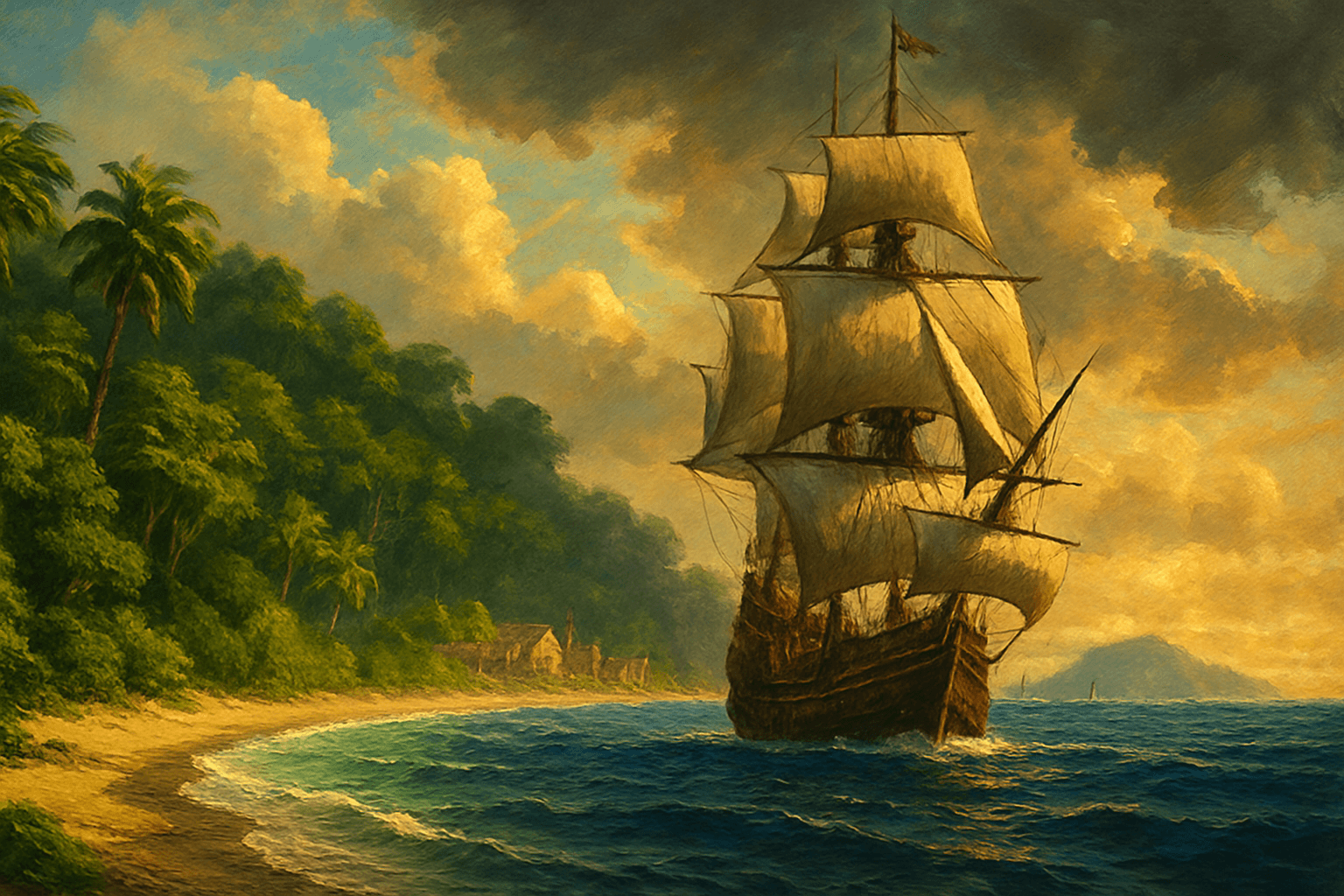 Navio colonial português chegando ao litoral brasileiro, representando a chegada do sobrenome Barbosa ao Brasil durante a colonização