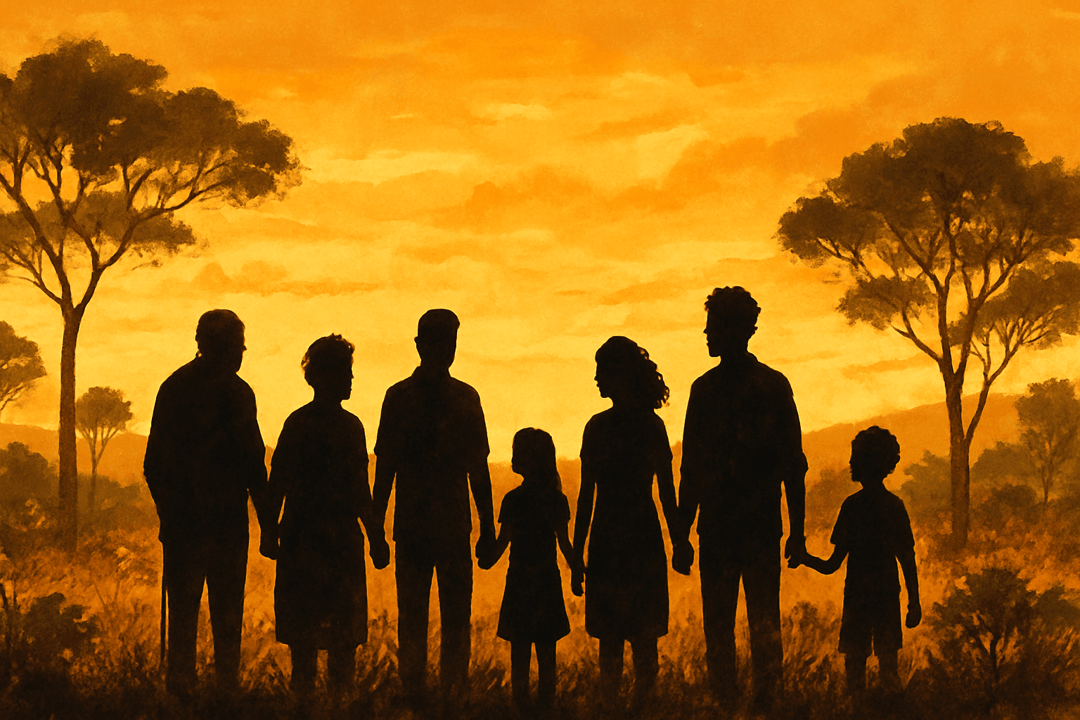 Silhuetas de família multigeracional no cerrado brasileiro ao pôr do sol, representando as diferentes gerações das famílias Barbosa no Brasil