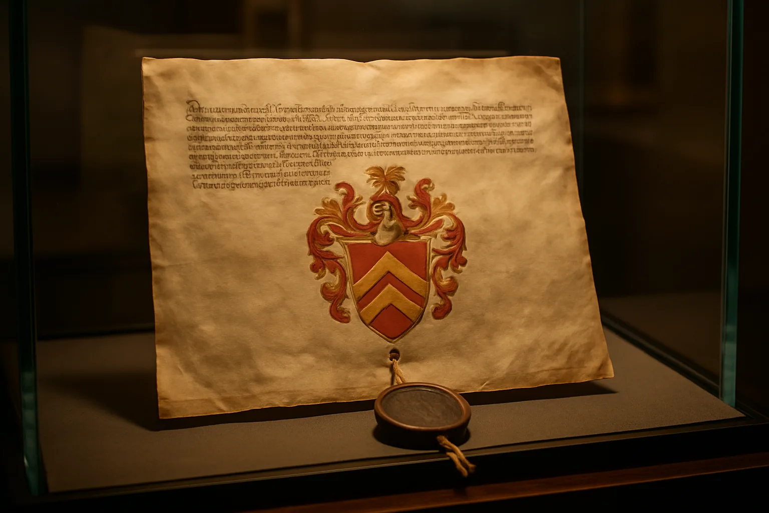 Pergaminho histórico com brasão de armas exposto em vitrine de museu