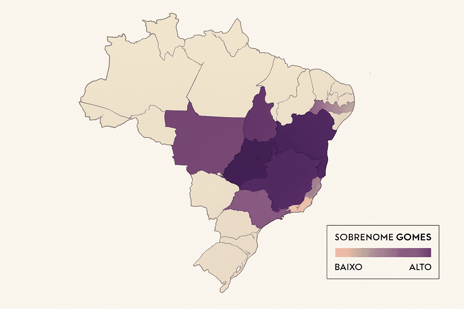 Mapa do Brasil com destaque para os estados de maior concentração do sobrenome Gomes