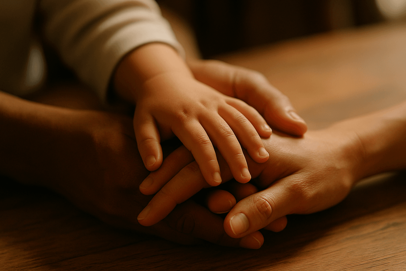 Mão pequena de criança apoiada sobre as mãos de dois adultos, luz natural, momento familiar íntimo