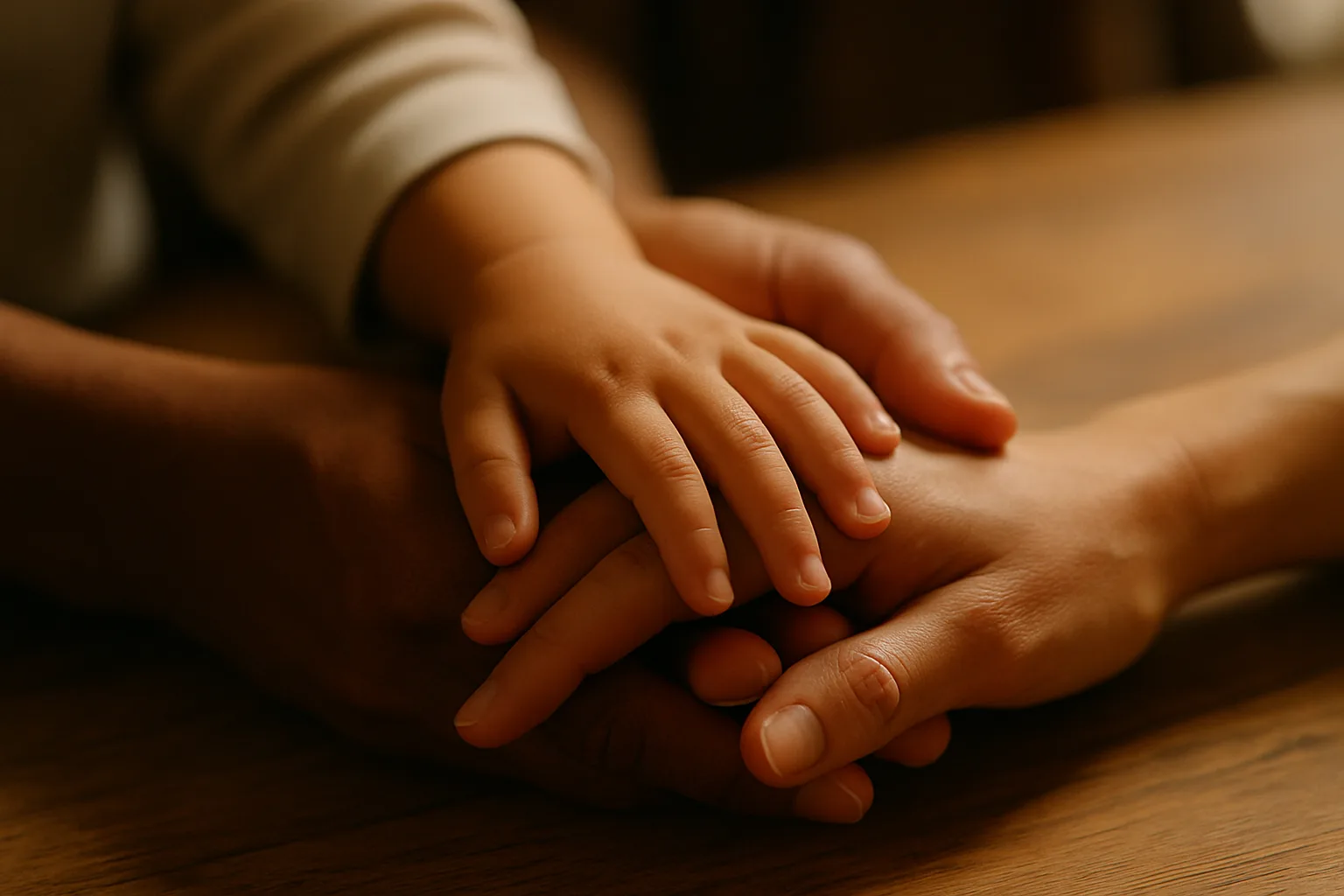 Mão pequena de criança apoiada sobre as mãos de dois adultos, luz natural, momento familiar íntimo
