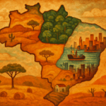 Mapa artistico do Brasil dividido em cinco regioes com paisagens caracteristicas de cada uma, representando a diversidade dos sobrenomes brasileiros