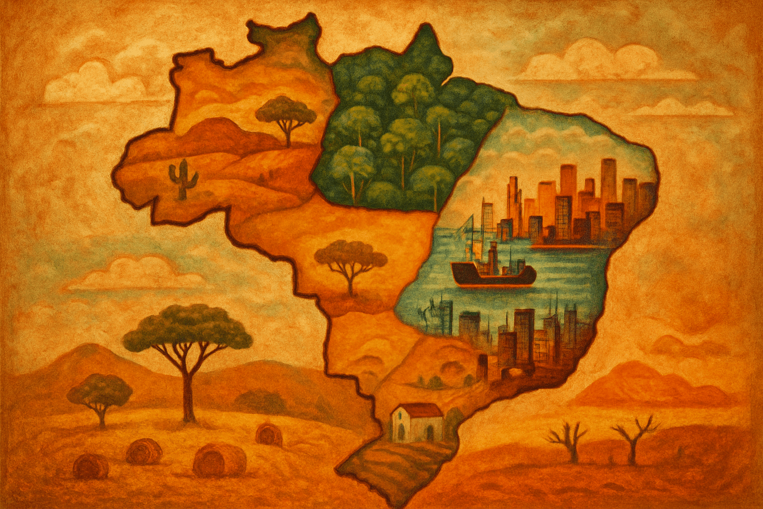 Mapa artistico do Brasil dividido em cinco regioes com paisagens caracteristicas de cada uma, representando a diversidade dos sobrenomes brasileiros