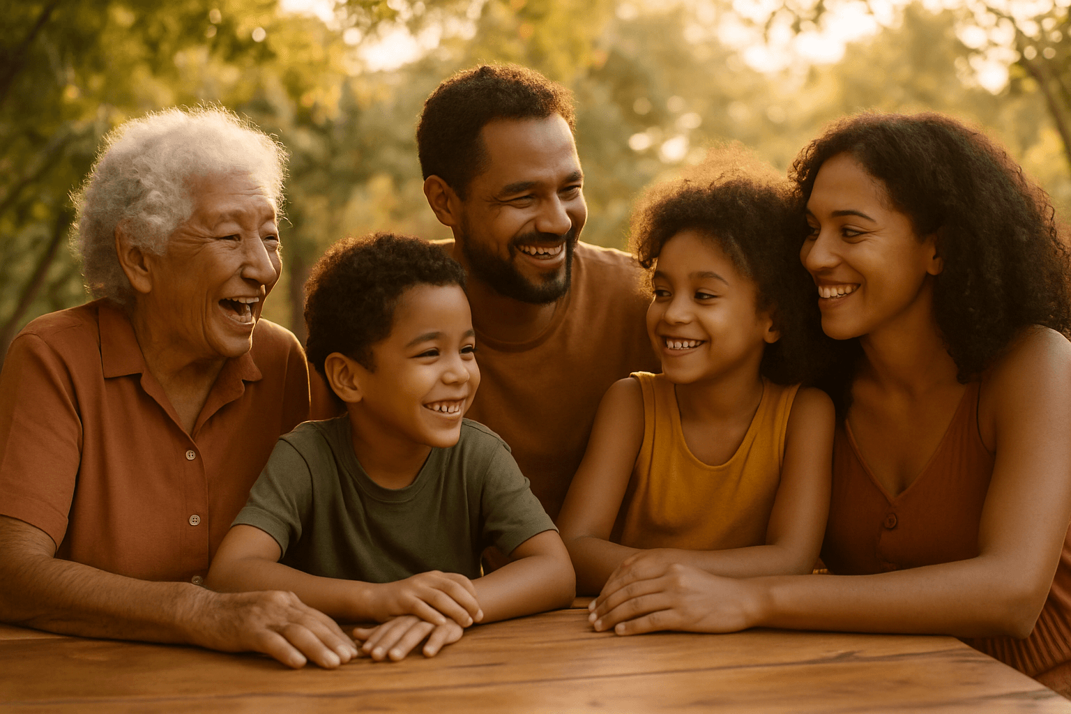 Família brasileira de três gerações reunida ao ar livre, representando a herança dos sobrenomes que passam de geração em geração