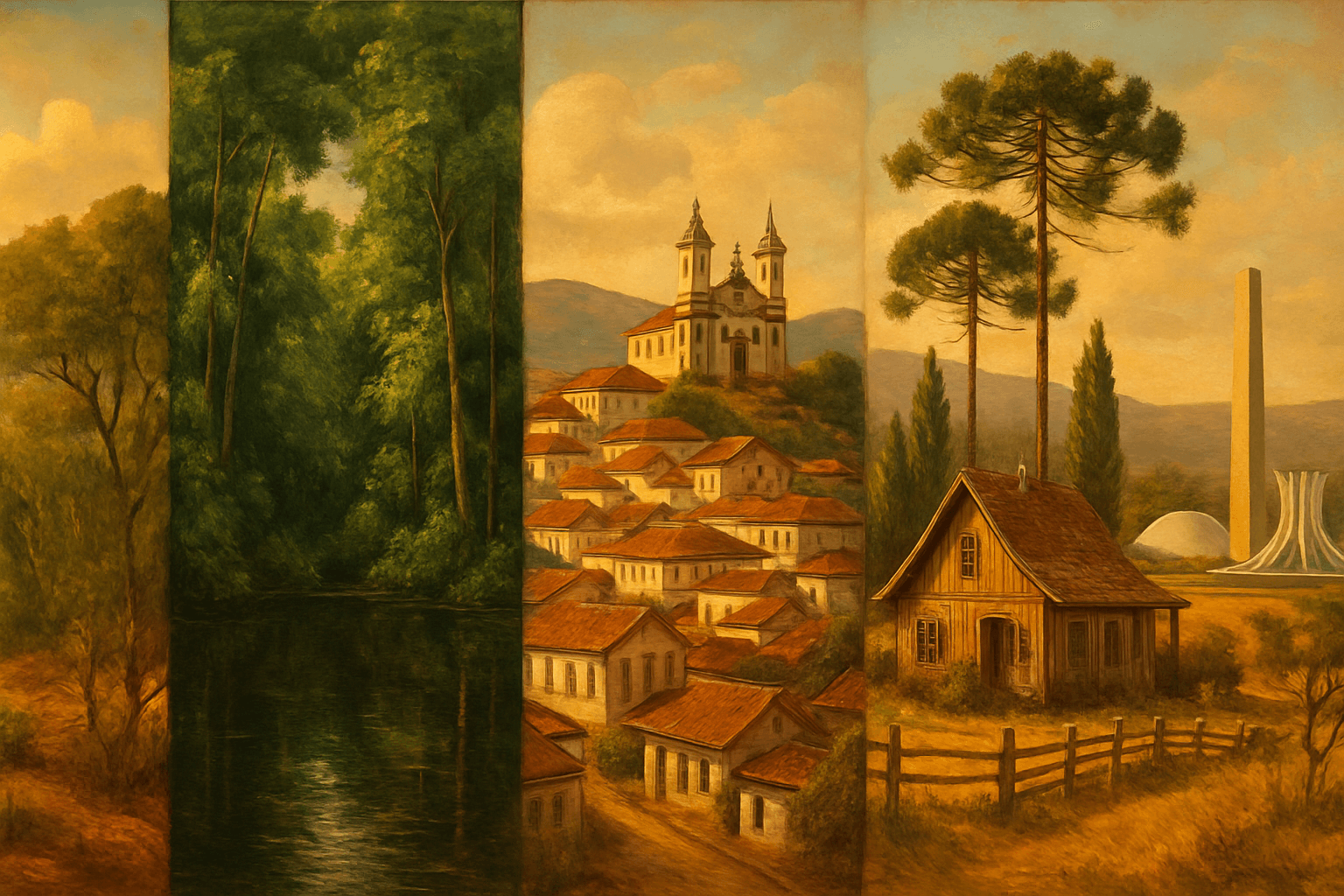 Cinco paisagens brasileiras lado a lado: sertão nordestino, floresta amazônica, cidade colonial do sudeste, fazenda europeia no sul e cerrado do Centro-Oeste