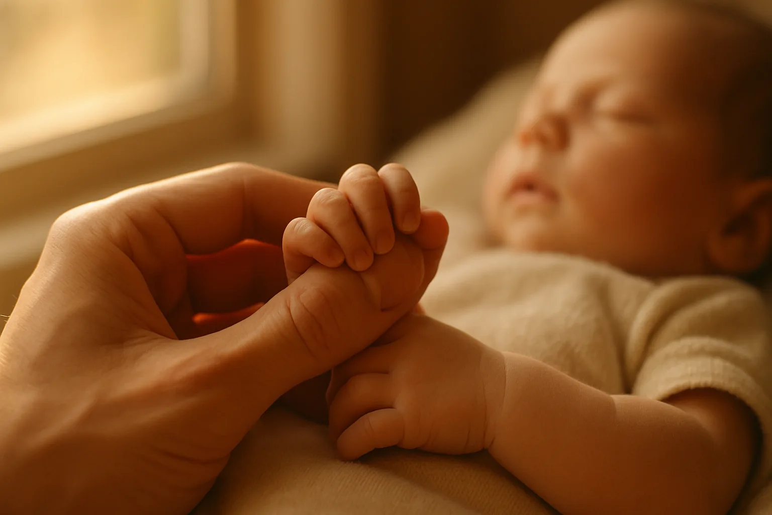 mão de pai segurando mão de bebê recém-nascido