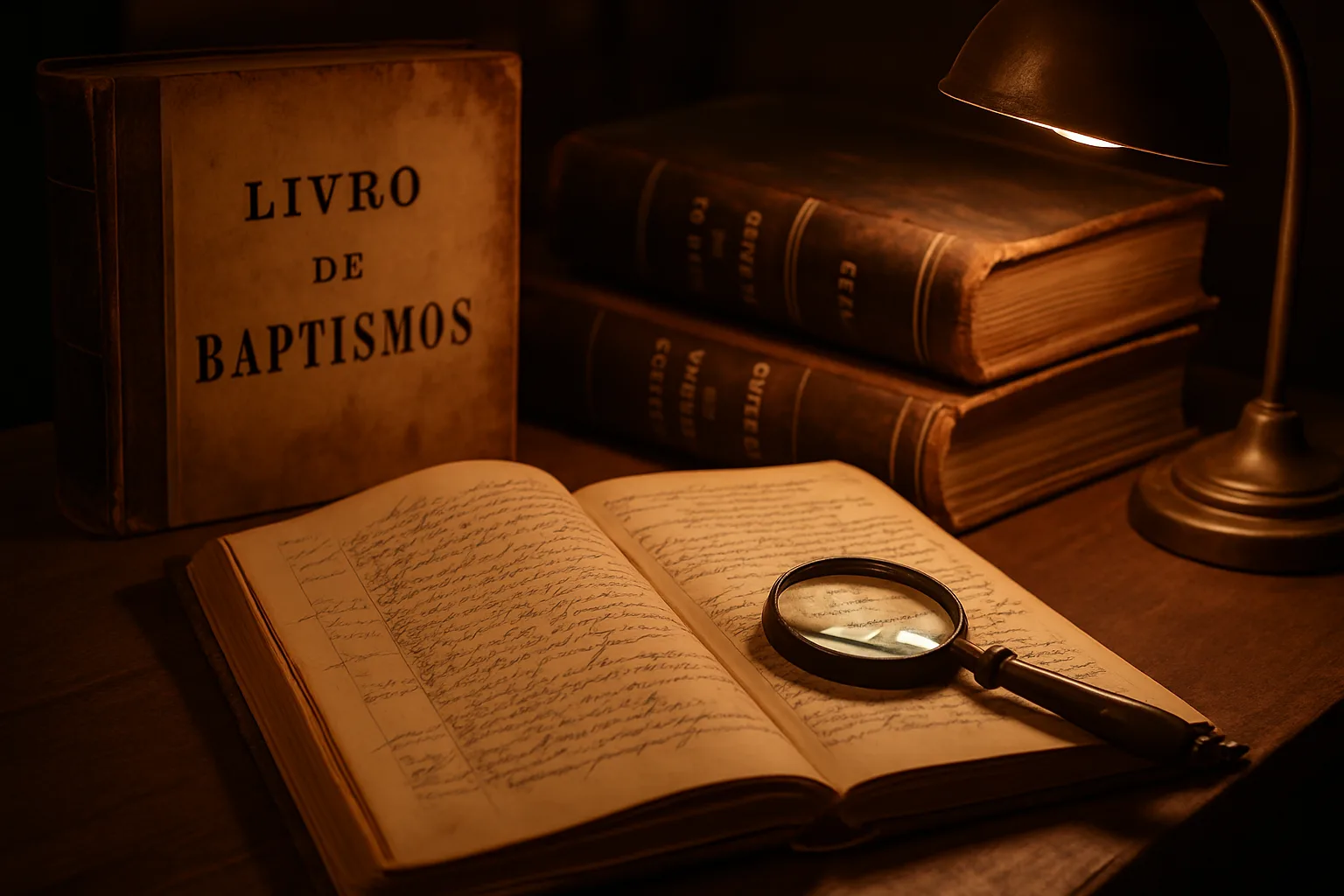 Livro de registros de batismos antigo aberto com lupa para pesquisa genealógica