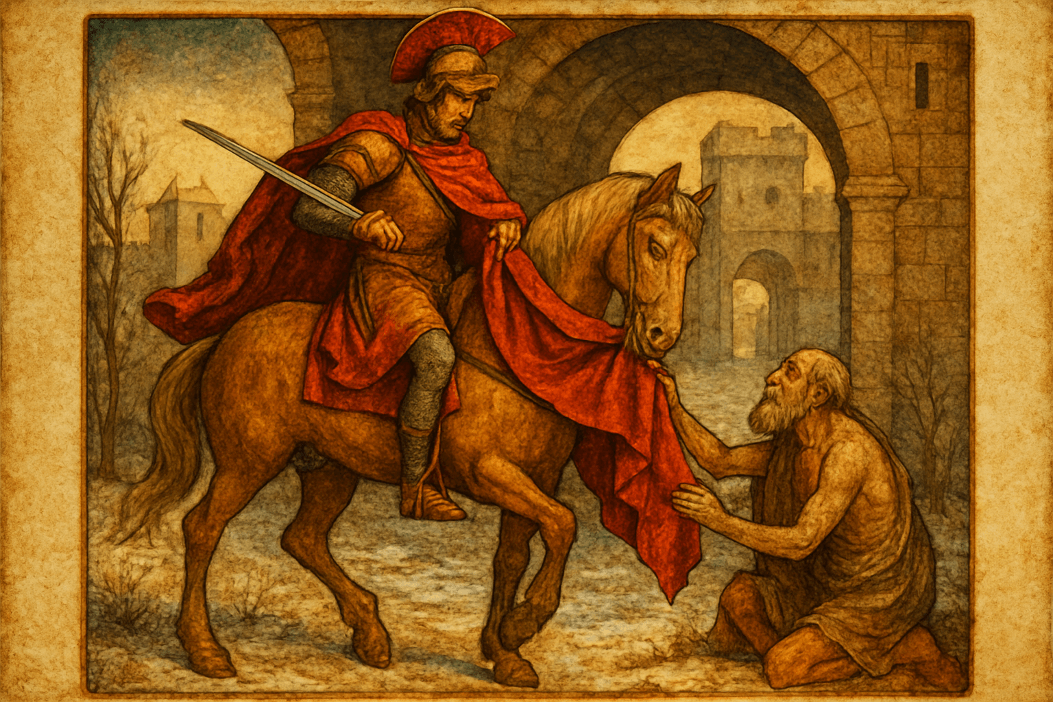 Sao Martinho de Tours ilustracao historica medieval soldado romano dividindo a capa com mendigo