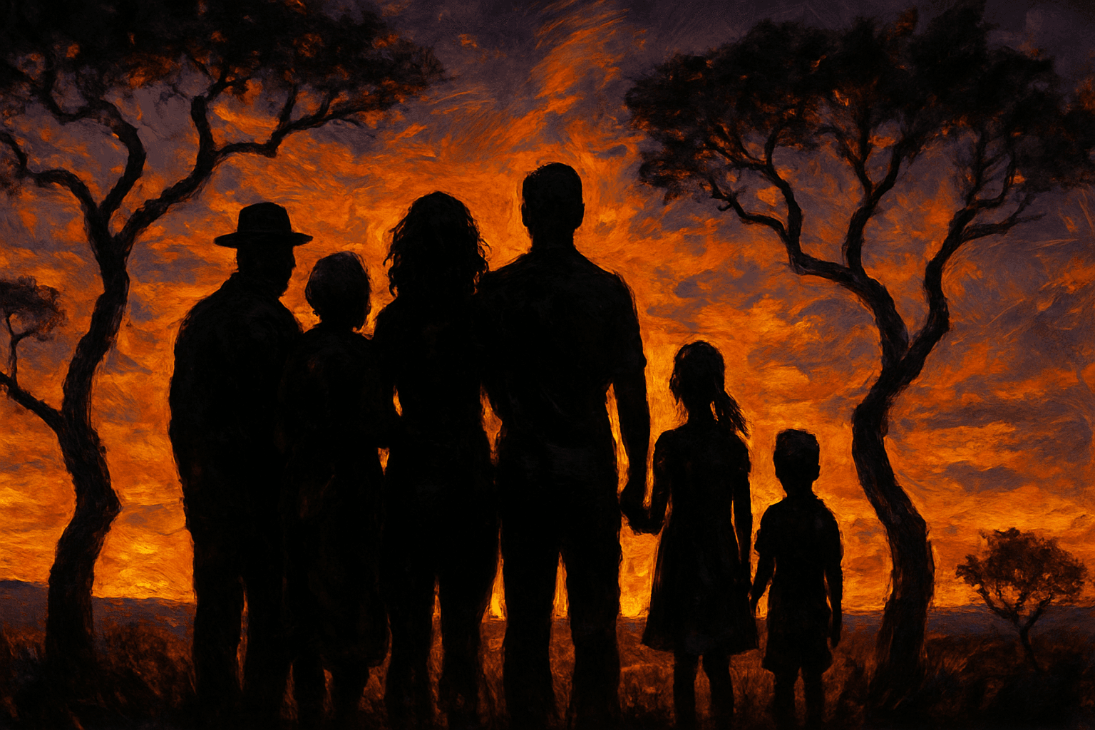 Silhuetas de família multigeracional observando o horizonte do cerrado ao pôr do sol, representando as famílias com sobrenomes do Centro-Oeste do Brasil
