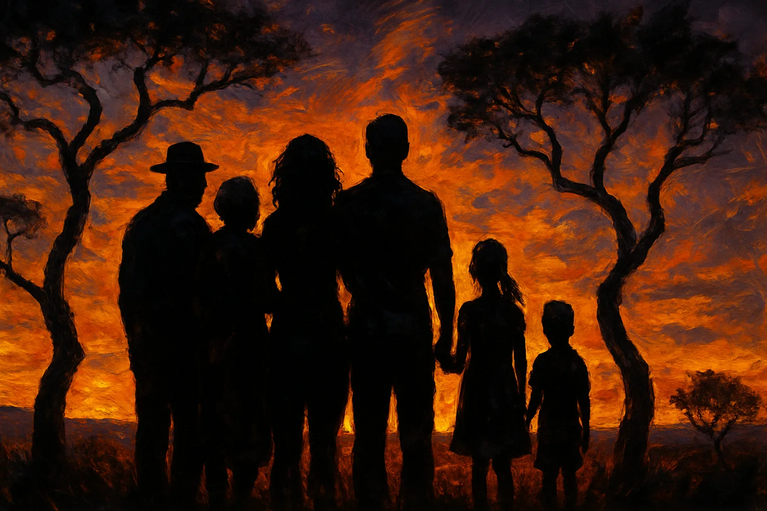 Silhuetas de família multigeracional observando o horizonte do cerrado ao pôr do sol, representando as famílias com sobrenomes do Centro-Oeste do Brasil