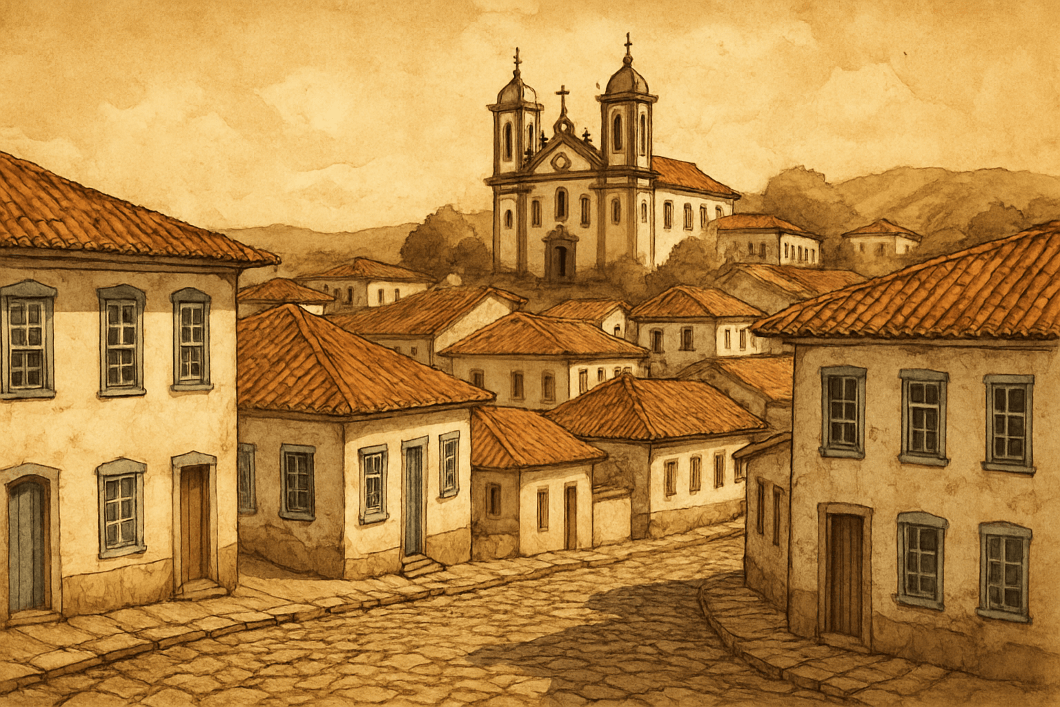 Ilustração de vila colonial portuguesa no planalto central brasileiro no século XVIII, representando a formação dos sobrenomes do Centro-Oeste