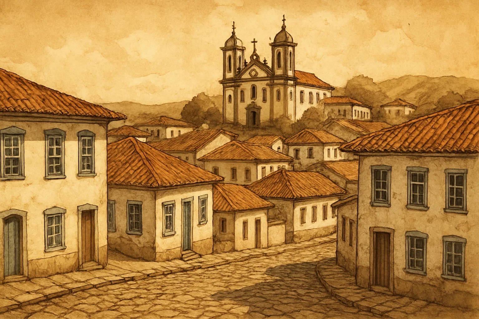 Ilustração de vila colonial portuguesa no planalto central brasileiro no século XVIII, representando a formação dos sobrenomes do Centro-Oeste
