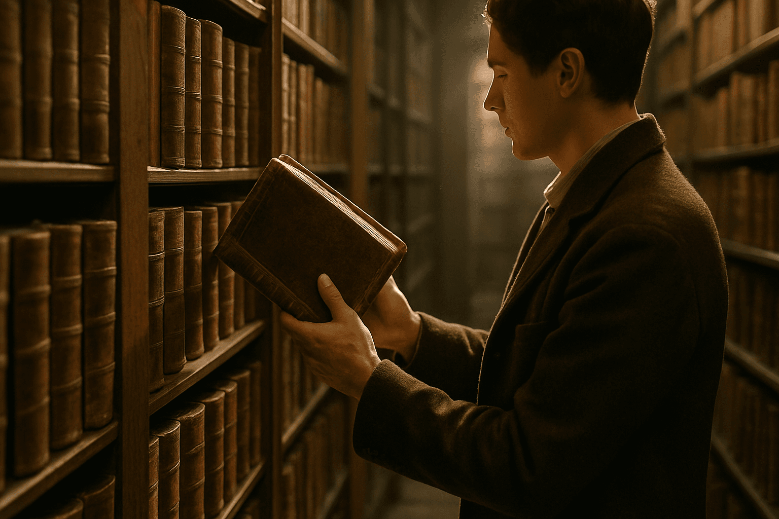 Pessoa folheando livros antigos em uma estante de arquivo, representando as fontes reais de pesquisa de sobrenomes