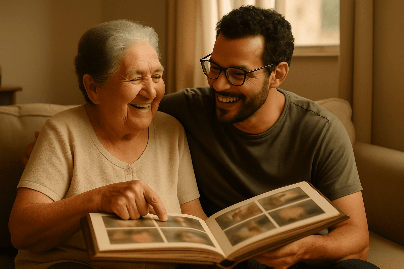 Avó e neto adulto sorrindo enquanto seguram juntos um álbum de fotos de família no sofá, representando a descendência entre gerações
