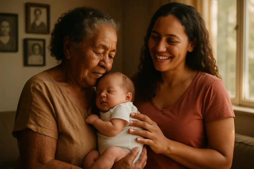 Avó, mãe e bebê recém-nascido representando o nome de bebê a partir do sobrenome da família