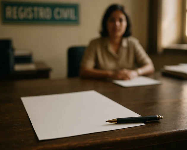Certidão de nascimento em branco sobre mesa de cartório, representando o registro do nome de bebê a partir do sobrenome