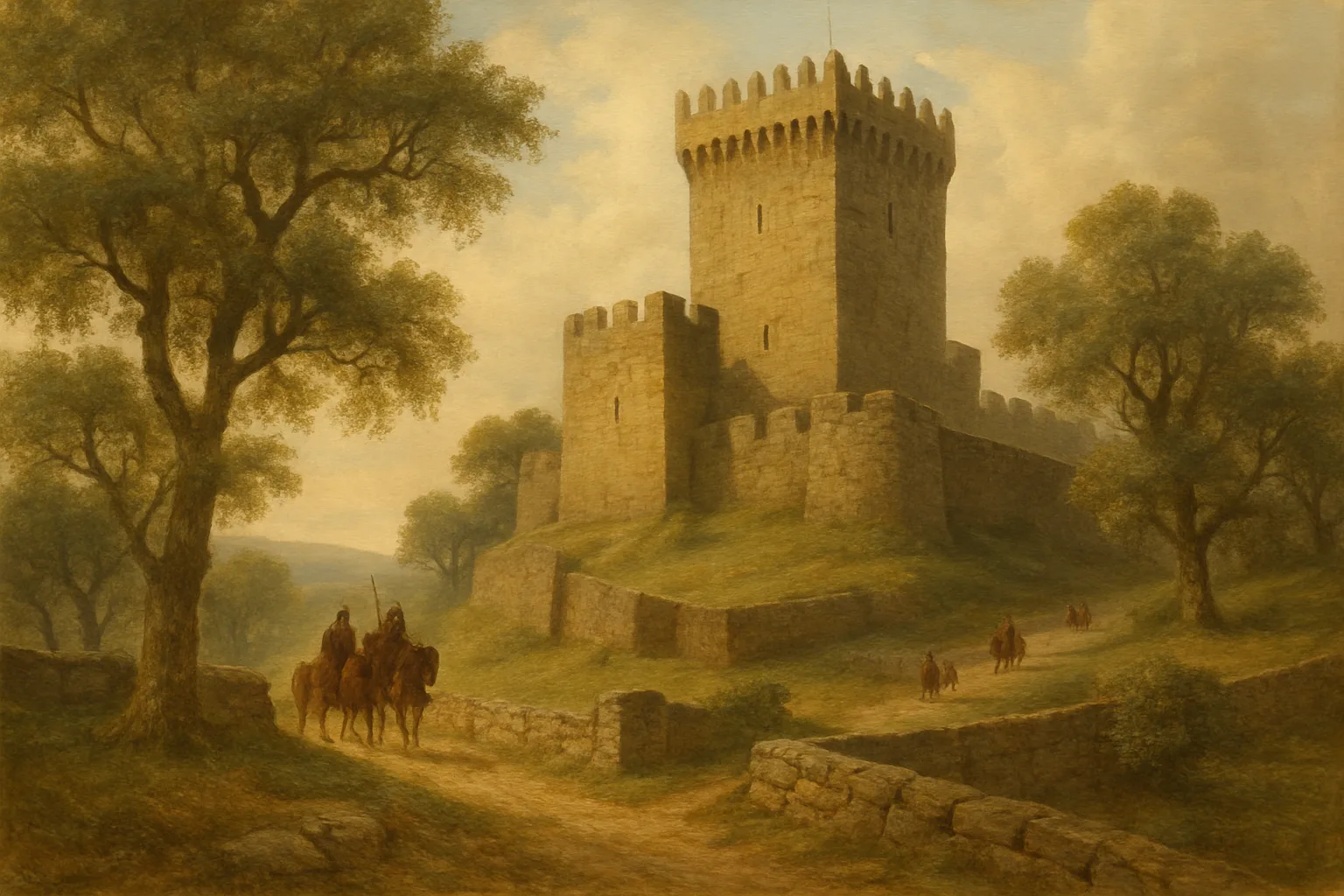 Ilustração histórica do castelo medieval de Araújo na fronteira entre Minho e Galiza