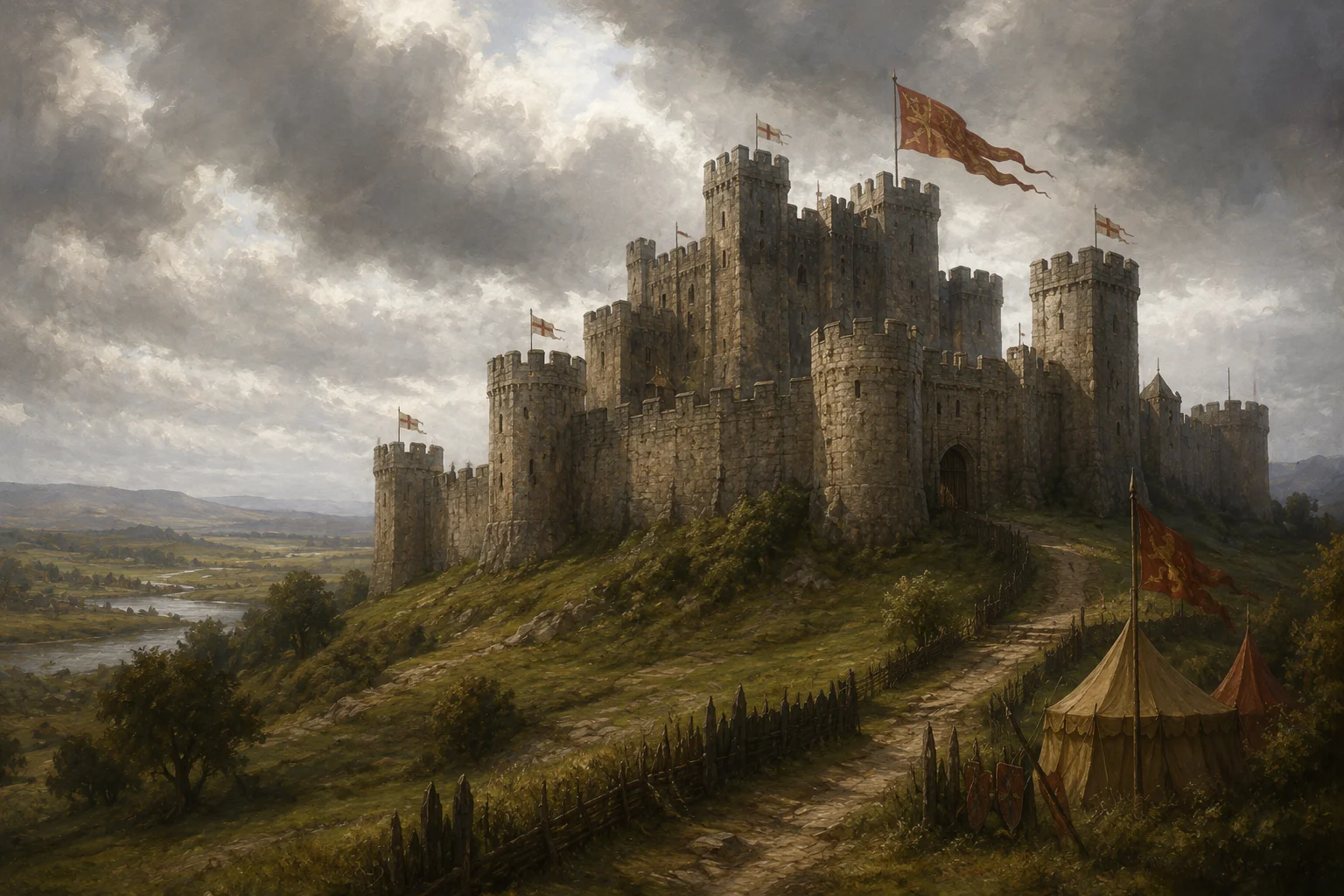 Castelo normando de pedra em paisagem rural inglesa, com bandeiras medievais, representando a conquista normanda de 1066