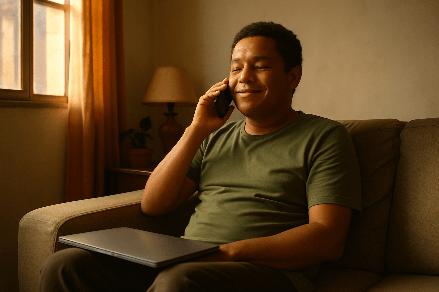 Pessoa sentada no sofá falando ao telefone com expressão tranquila, representando o contato com o banco para resgatar valores