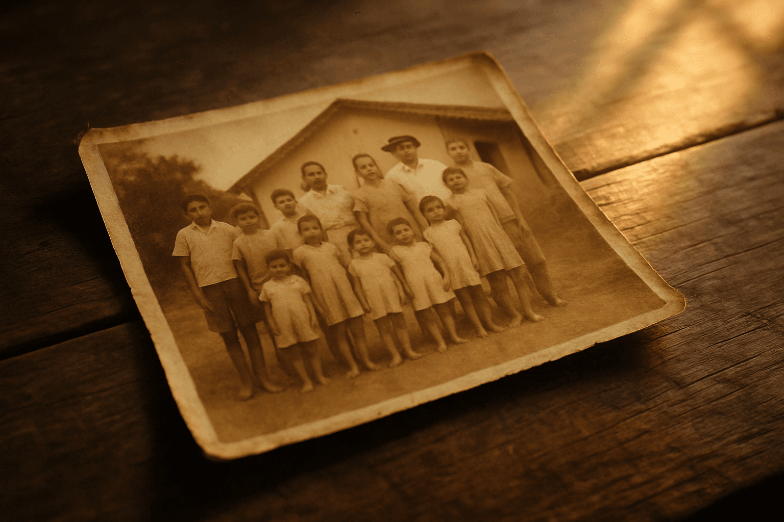 Fotografia antiga em tom sépia de uma família brasileira numerosa dos anos 1950 com muitos filhos