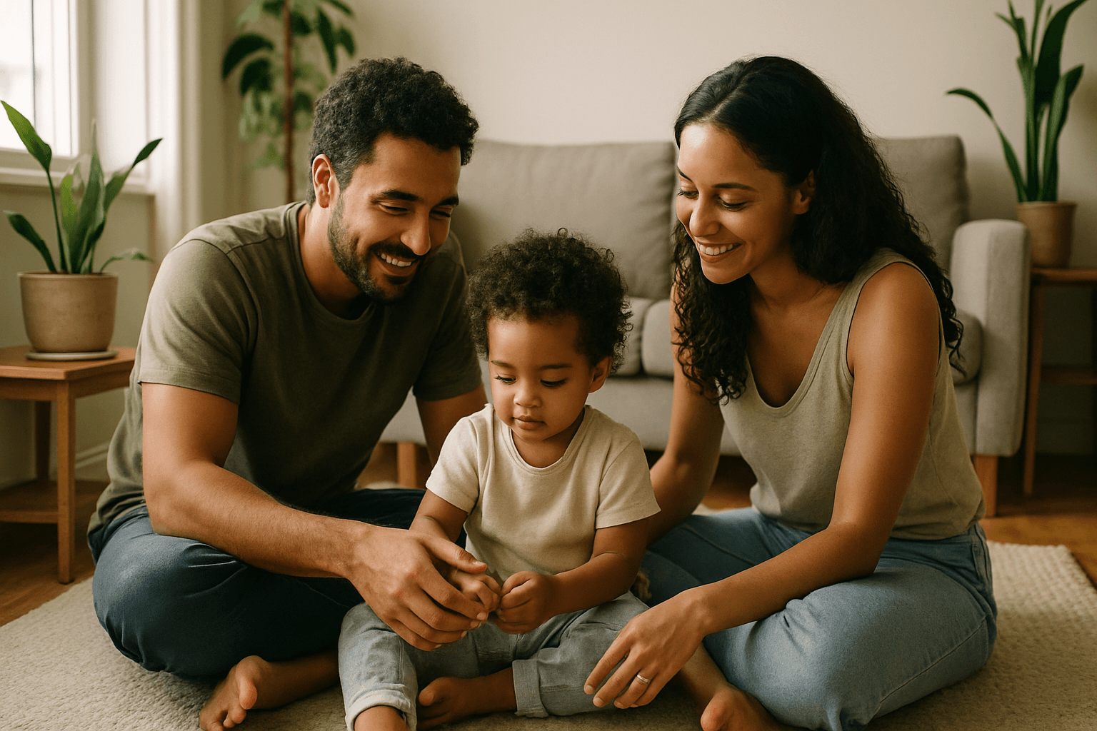 Casal jovem brasileiro brincando no chão da sala com seu único filho pequeno em um apartamento moderno