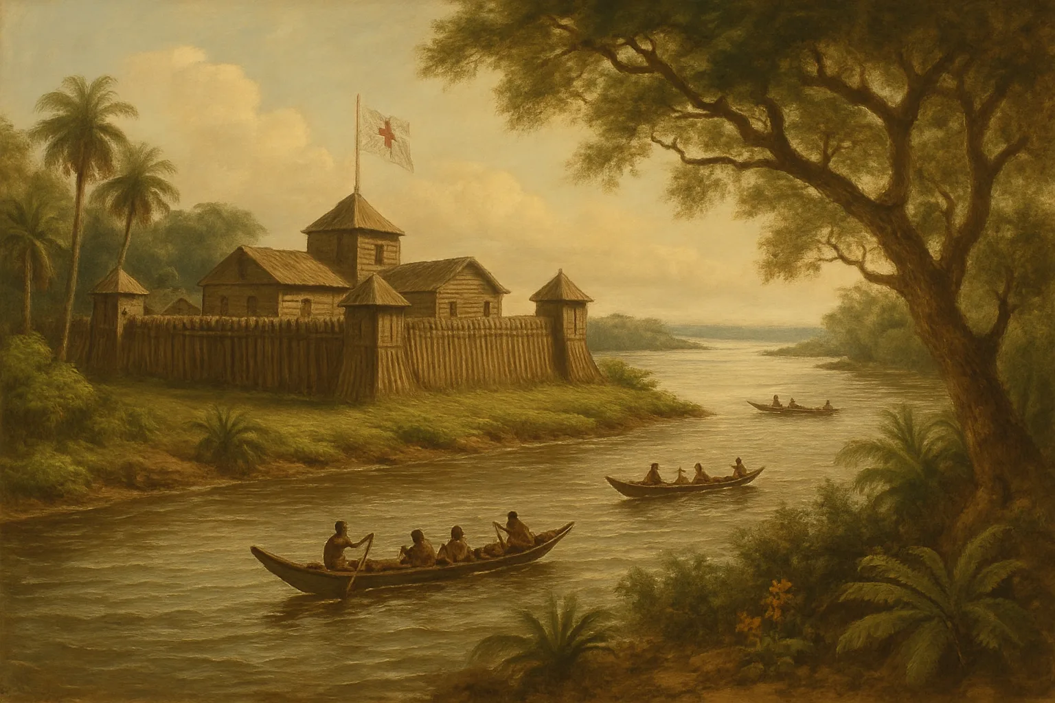 Ilustração histórica de forte colonial português às margens de um rio na Amazônia, representando a colonização do Grão-Pará