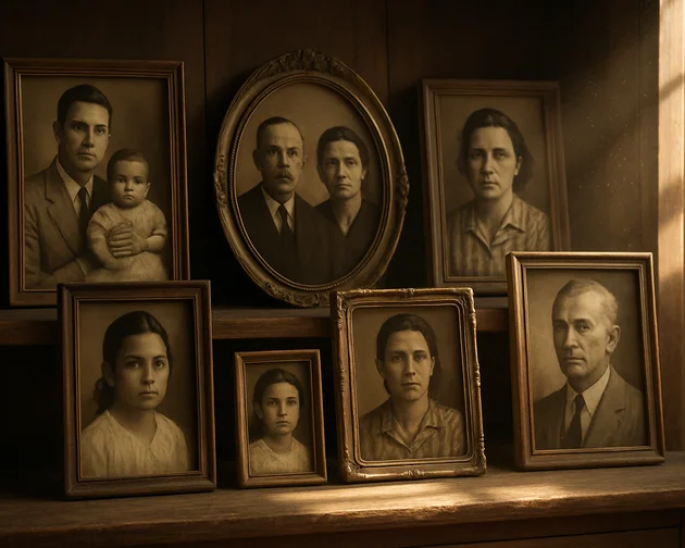 Fotos antigas de diferentes gerações de uma família brasileira, simbolizando a origem do sobrenome usado como nome de bebê