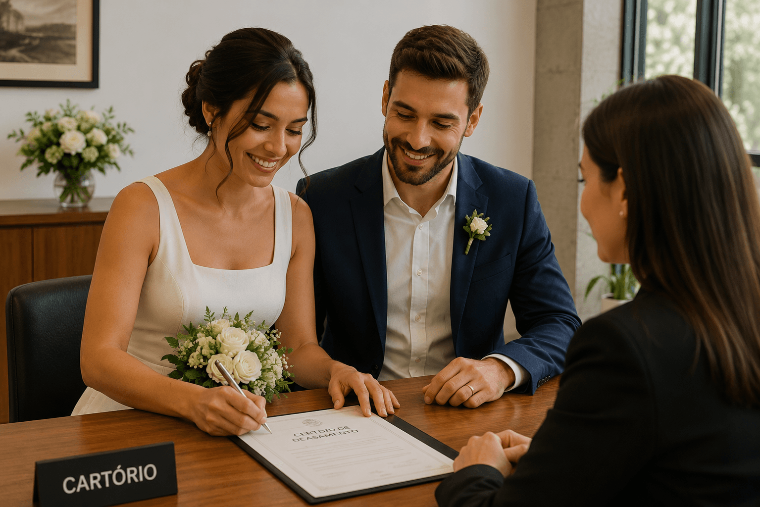 Casal no cartório assinando documentos de registro civil