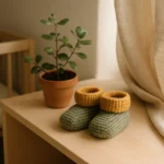 Sapatinhos de bebê em crochê verde e amarelo mostarda, cores neutras, tons de nome unissex