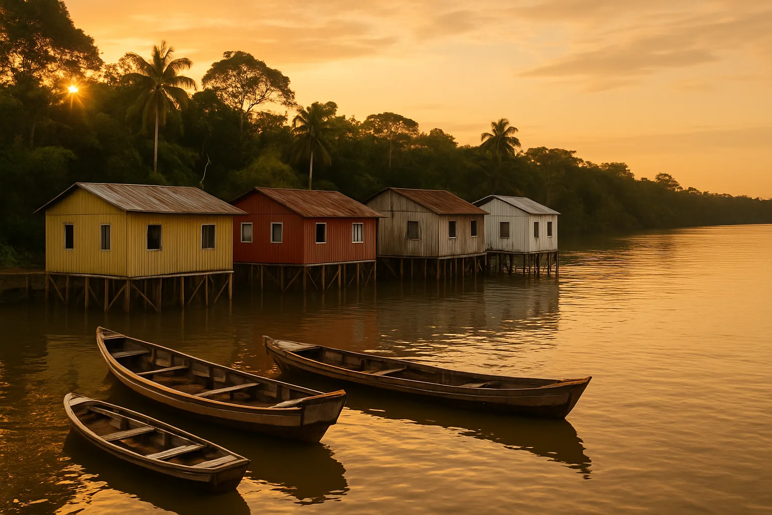Casas ribeirinhas de palafita ao entardecer em um rio da Amazonia, simbolo dos sobrenomes tradicionais do Norte do Brasil