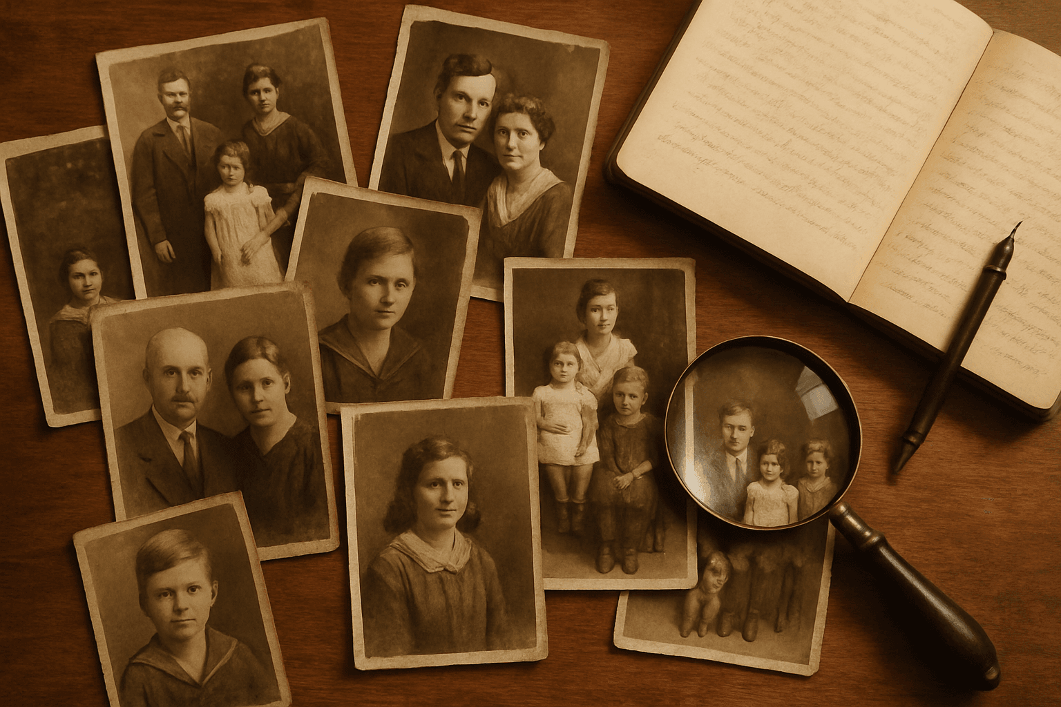 Fotografias de família antigas em tom sépia, uma lupa e um caderno sobre a mesa, representando a pesquisa genealógica cuidadosa