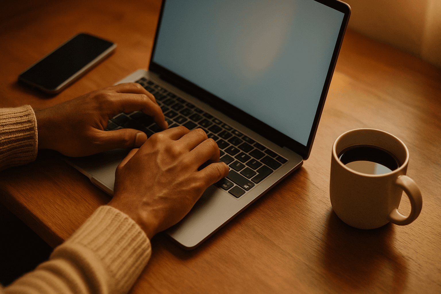 Mãos digitando em um notebook ao lado de um celular, pesquisando quantas pessoas têm o mesmo sobrenome