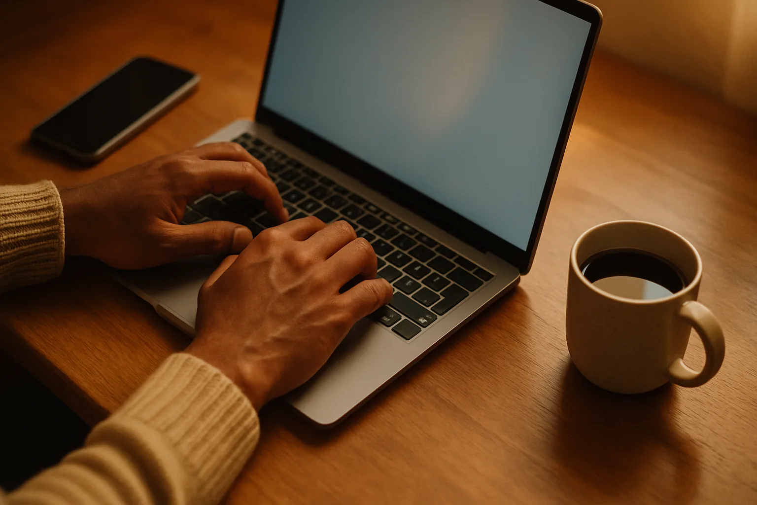 Mãos digitando em um notebook ao lado de um celular, pesquisando quantas pessoas têm o mesmo sobrenome