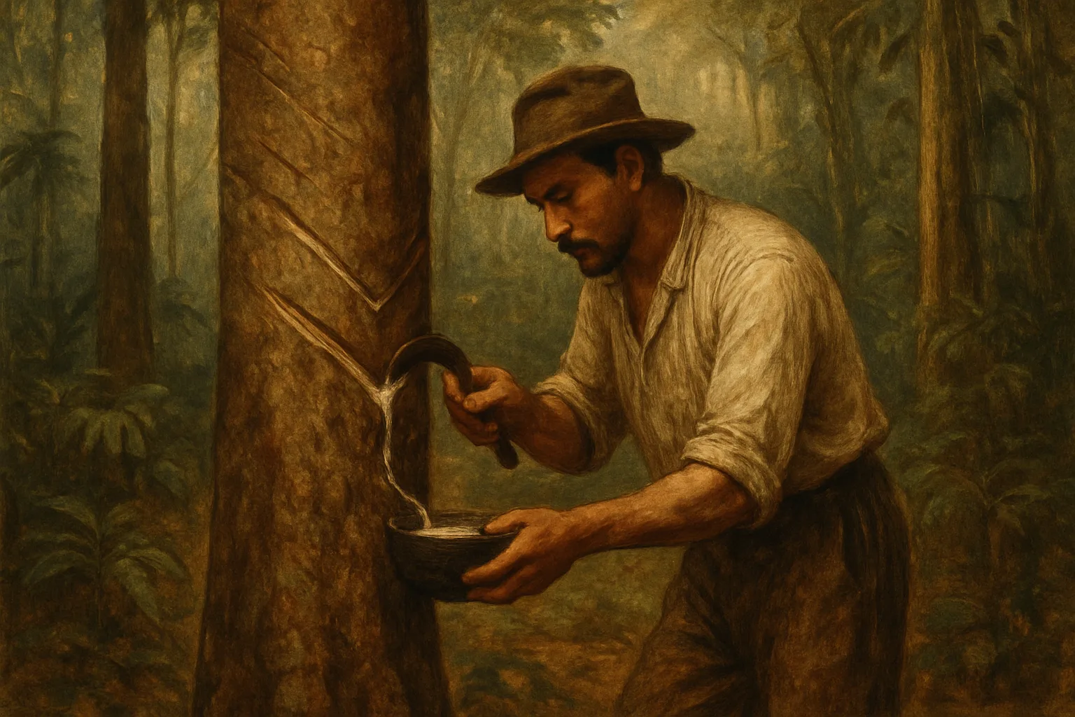 Ilustração histórica de seringueiro extraindo látex na floresta amazônica durante o ciclo da borracha