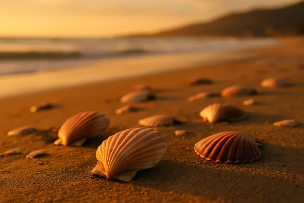 Conchas de vieira na areia dourada de uma praia da costa galego-portuguesa, origem do nome do sobrenome Vieira