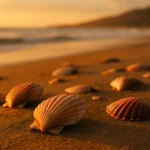 Conchas de vieira na areia dourada de uma praia da costa galego-portuguesa, origem do nome do sobrenome Vieira