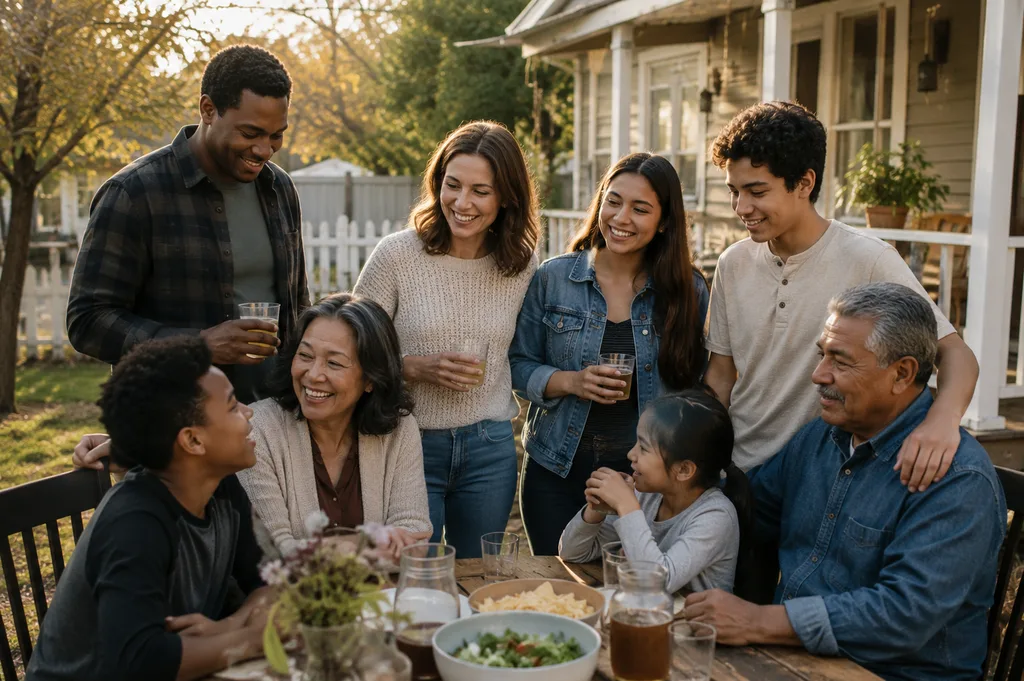 Família americana multigeracional e de etnias diversas reunida no quintal de uma casa nos Estados Unidos