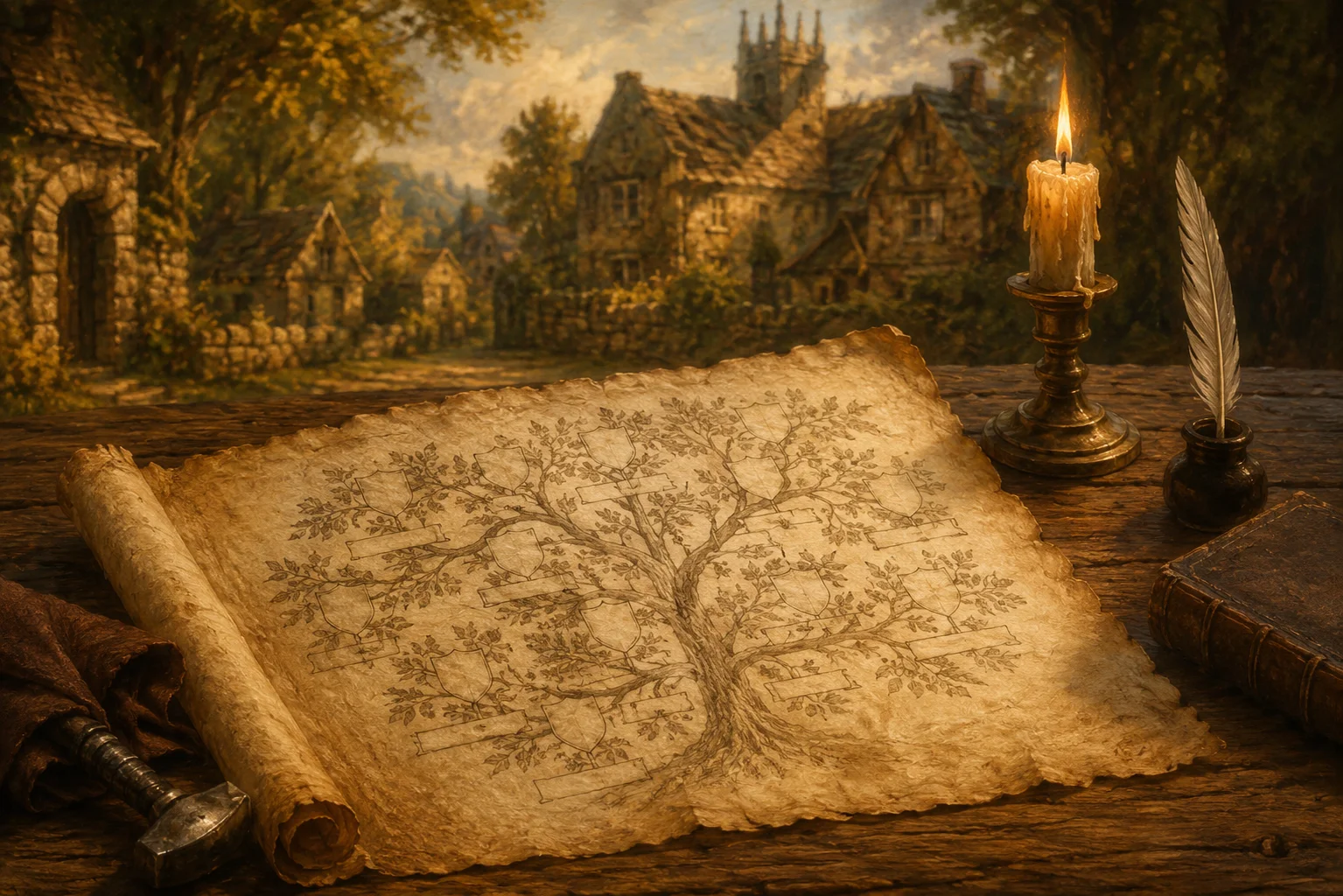 Pergaminho com árvore genealógica desenhada à mão, sobre uma mesa de madeira, com um vilarejo inglês medieval de casas de pedra ao fundo